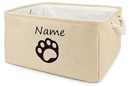 TONYFY Leinenstoff faltbar Aufbewahrungskorb mit personalisiertem Namen des Haustiers, für Hundespielzeug zum Hundespielzeug, Hundekleidung, Hunde Katzen zubehör und anderem Haustierbedarf (G Beige)