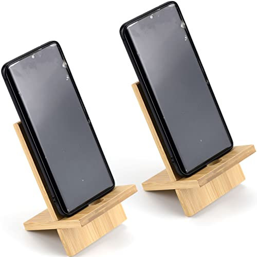 IFAMIO 2 Stück Bambus-Handy-Ständer aus Holz, Handy-Halterung, Tablet-Schreibtisch-Ständer mit Ladeloch, tragbarer Handy-Tischständer, Schreibtisch-Organizer, kompatibel mit iPhone, iPad, Tablet