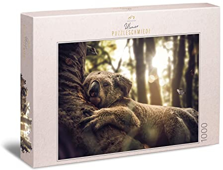 Ulmer Puzzleschmiede - Puzzle „Der Träumer“ - Koala startet gemütlich in den Tag - Angenehmes 1000 Teile Tiere-Puzzle aus Australien mit dem schlafenden Koalabär - Puzzle-Qualität Made in Germany