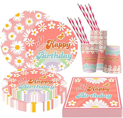 Daisy Partyzubehör - Gänseblümchen-Geschirr inklusive Speiseteller, Dessertteller, Servietten, Tassen und Trinkhalme