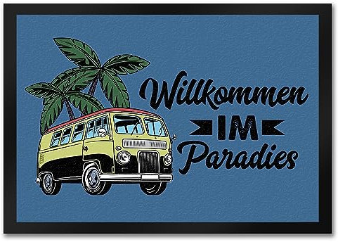 speecheese Willkommen im Paradies Campervan Fußmatte in 35x50 cm EIN dekoratives Türvorleger für Dein Zuhause Bulli Fußabtreter Vanlife Türmatte Camping Urlaub