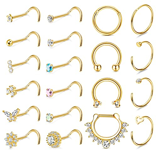 JeweBella 20 Stück 20G Nasenpiercing Chirurgenstahl Nasenring Piercing Brillant CZ Nasenstecker Nasenpiercing Ring Nostril Piercing Set Septum Piercing Ringe Silber/Gold/Roségold/Schwarz