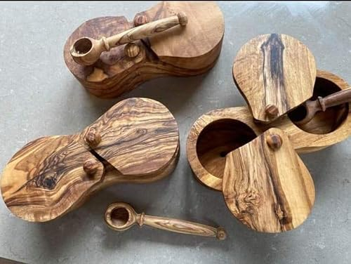 Salero de pimentero con tapa y cuchara incluida, hecho a mano de madera de olivo