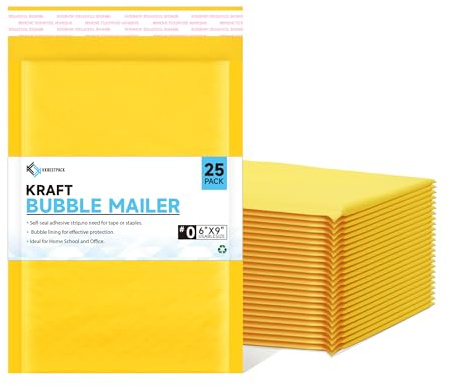 Kkbestpack Kraft Paper Bubble Mailers #0, 6x10 Inch Self-Seal Padded Mailing Envelopes, Usable Size 6x9, Pack of 25