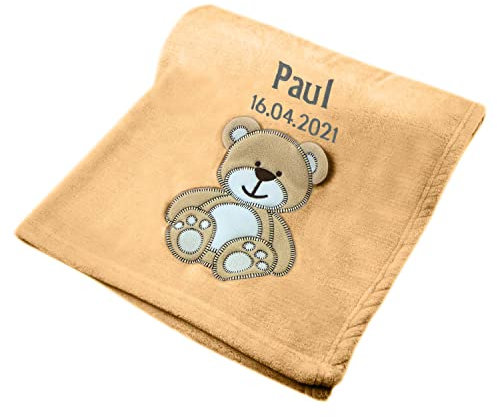 cozy racoon Babydecke Bestickt mit Namen und Geburtsdatum | Weiche Kuscheldecke für Baby Jungen und Mädchen I Personalisiertes Geschenk zur Geburt oder als Erstausstattung I Karamell Decke mit Bär