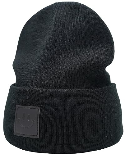 55cube Knit Cuffed Beanie for Men Women Warm Winter Hat Leather Logo Black