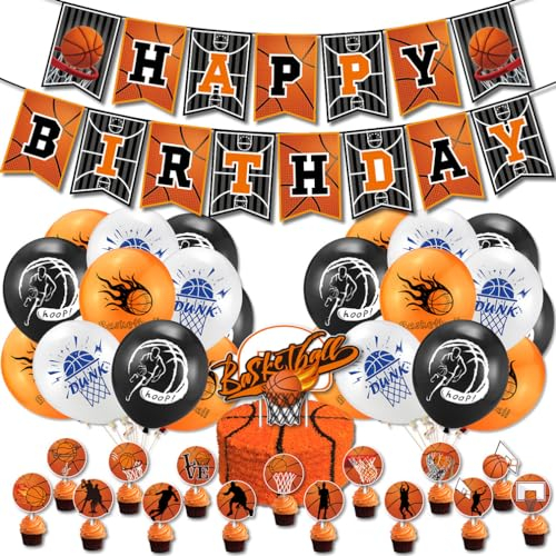 Guoguonb Thema Basketball Geburtstag Party Dekoration Bedruckte Ballons Basketball Tortendekoration Happy Birthday Banner für Basketballfan Geburtstagsdeko Kinder Birthday Decorations