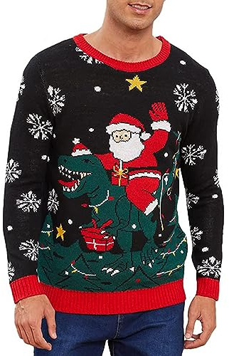 Bseical Weihnachtspullover Herren Lustig Hässliche, Ugly Christmas Sweater, Xmas Strick Pullover Dino Weihnachtsmann Sweatshirt Lange Ärmel