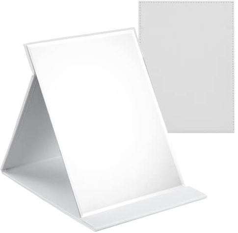 WISYOK Reisespiegel Klappbar, Tischspiegel mit Mehrfach-Standwinkel, Klappspiegel mit Weiß PU-Leder, Super HD Schminkspiegel, Handspiegel, Kompaktspiegel, Kosmetikspiegel, Spiegel Klein - 16x12cm