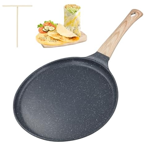 Vusddy Crepe - Padella a induzione, 24 cm, con separatore per impasto, padella per pancake con vere particelle di pietra, rivestimento antiaderente, senza PFOA, manico in legno, per tutti i piani
