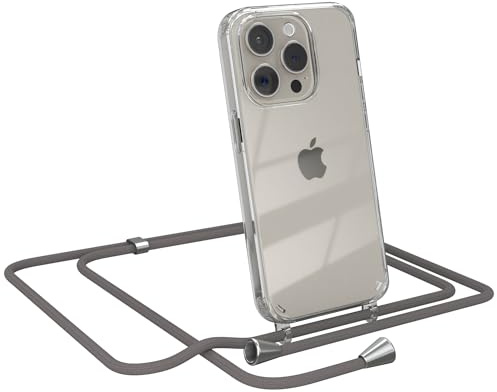 EAZY CASE Handykette kompatibel mit iPhone 15 Pro Handyhülle mit Umhängeband, Handykordel mit Schutzhülle, Silikonhülle, Hülle mit Band, Stylische Kette für Smartphones, Anthrazit