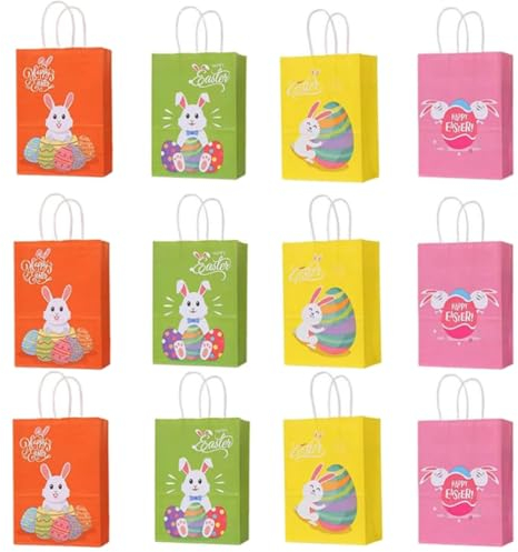 12 Stück Geschenktüten Ostern Ostereiersuche-Taschen mit Griffen,Ostertüten zum Befüllen,Geschenktaschen Mit Henkel,Geschenktüte Verpackung Partyzubehör (4X3-C)