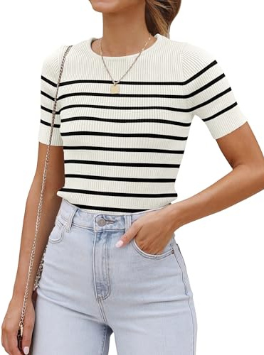 ZESICA Women's Short Sleeve Crewneck Striped T Shirt 2025 Summer Ribbed Knit Slim Fit Casual Basic Tee Tops,White,Small