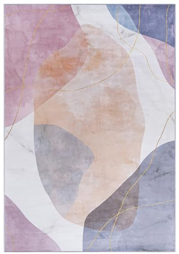 Mazovia Tappeto moderno dal design astratto vintage, a pelo corto, morbido tappeto per soggiorno, adatto al riscaldamento a pavimento, rosa, viola, pastello, 120 x 170 cm