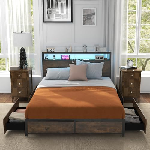 GOPLUS Cadre de Lit Double 140x200cm avec LED, Lit Plateforme avec Tiroirs, Station de Charge(Type C Inclus), 3 Mode Lumières Contrôle APP Voix Industriel Charge 300KG (Industriel, 140x200cm-LED)