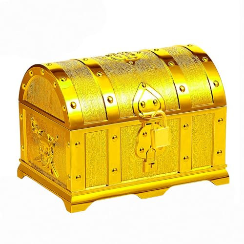 Cofre del Tesoro Pirata, Cofre del Treasure para Fiesta de Cumpleaños Niños, Caja Misteriosa de Plástico con Candado y Llave, para Recibir Monedas Gemas Juego de Búsqueda del Tesoro, 14*10*10 cm Oro