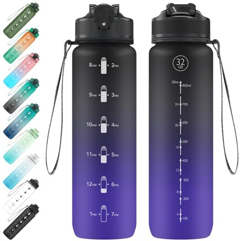 EYQ 1L Trinkflasche, Wasserflasche mit Strohhalm, Tritan BPA Free Auslaufsicher Sport Flasche, Sportflasche mit Zeitmarkierung für Schule Fitness Gym Sport