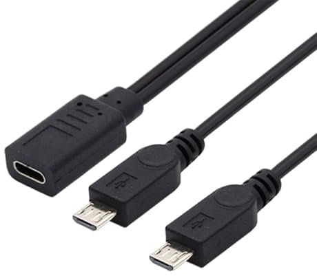 Traovien USB C Splitter Cable, USB Type C Female DC 5V to Dual Micro USB 5Pin Male Splitter Extension Charge Cable.(12 Inch/ 8 Inch) 1Ft