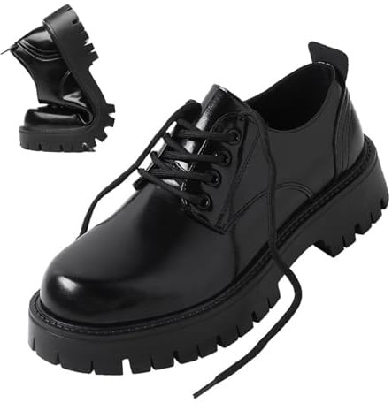 Men's Leather Lace Up Platform Oxfords Round Toe Chunky Heel Lug Sole Heightening Soft Bottom Derby Casual Shoes Classic Work Office Business Dress Shoes (Black,10)