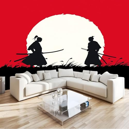 3D Papier Peint Panoramique Tapisserie Intissé Murales Style Japonais Samouraï Rouge, Papier Peint Enfant pour Salon Chambre Décoration Murale, Papier Peint 200x140 cm Chambre Enfant