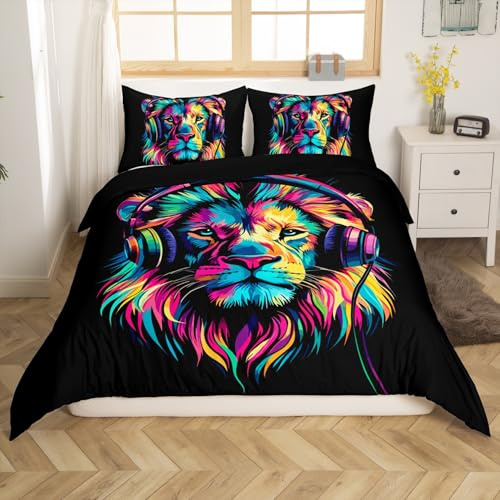 Loussiesd Graffiti Gaming Bettwäsche Set 135x200cm Nette Wilde Tiere Bettbezug Set Kinder Jungen Mädchen Cartoon Safari Bettbezug Set Aquarell Coole Musik Löwe Bettwäsche-Set Schlafzimmer Sammlung