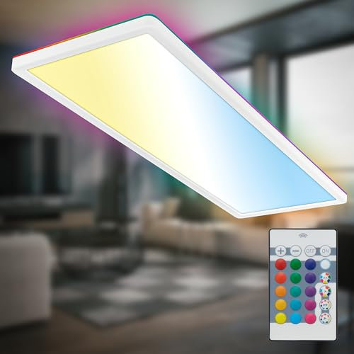 B.K.Licht - LED Deckenlampe flach mit Fernbedienung, RGBIC Backlight, CCT Lichtfläche, Dimmbar, Lampe, Deckenleuchte, Wohnzimmerlampe, LED Panel, Kinderzimmer, Decke, 58x20x2,5 cm, Weiß
