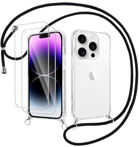 Votvloay Coque Cordon pour iPhone 14 Pro Max 6,7 avec 2 Pièces Verre Trempé, Transparent Étui Réglable Laniere Collier Corde Case, Souple Silicone TPU + PC Housse Antichoc Bumper Cover, Noir