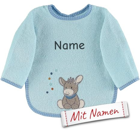 LALALO Sterntaler Lätzchen Esel Emmi Blau mit Namen bestickt für Baby mit Ärmel, Ganzkörper Beikost Ärmellätzchen für Kinder