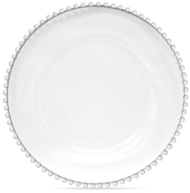 Assiette de présentation élégante en verre transparent avec une bordure perlée transparente - Vaisselle décorative de 33 cm parfaite pour les mariages, les fêtes d'anniversaire, les événements de