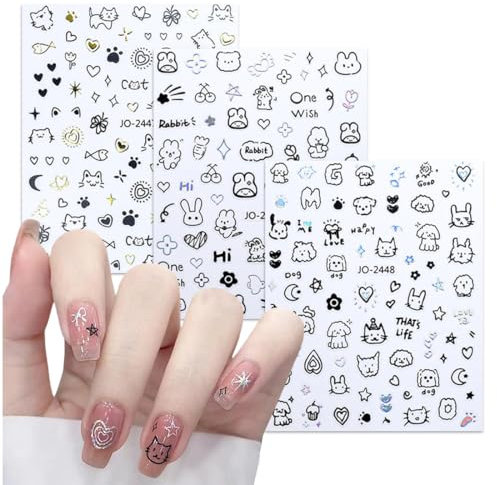 KEWUF 6 Nail Sticker, Niedliche Tier Nail Sticker, DIY Nagelsticker, Kätzchen, Welpe, Hase, Doodle Style, Mehrfarbig, Vinyl, Kuschelig, Kunststoff, 6 Stück
