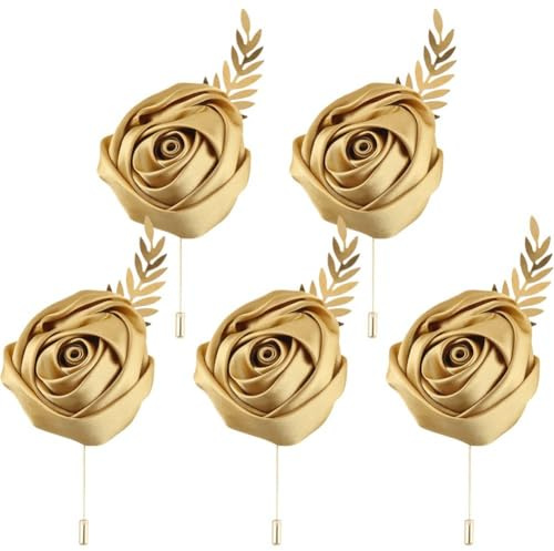 5 Stücke Satin Rose Boutonnieres Gold Bräutigam Boutonnieres Hochzeit Party Corsagen Für Bräutigam Trauzeugen Braut Brautjungfern
