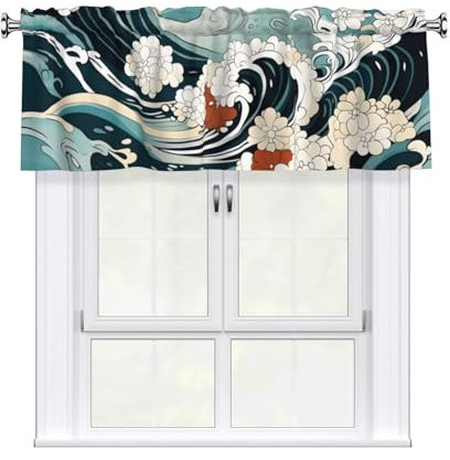 Helhappy Rideau de fenêtre court style japonais vagues 7,6 cm avec passe-tringle pour décoration d'intérieur, 137 x 45,7 cm, 1 panneau