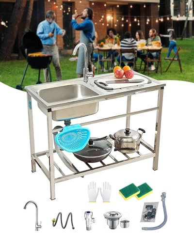 Évier de Cuisine en Acier INOX, 1 Bac, Evier de Jardin Extérieur avec Robinet, Évier sur Pieds pour Bar/Buanderie/Garage