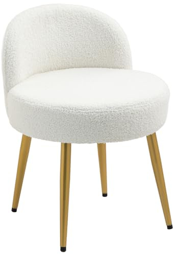 Warmiehomy Dressing Table Stool with Gold Leg and Back, White, Teddy Velvet | Modern Makeup Vanity Chair & Stool for Dressing Table, Small Dressing Table Chair for Bedroom, Living Room, Hallway
