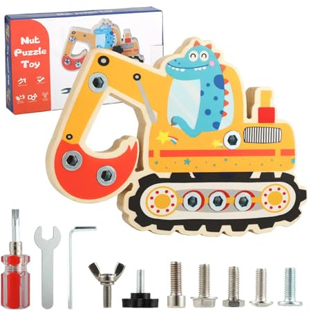 Kievano Montessori Schraubbrett aus Holz, Dinosaurier Bagger Spielzeug ab 3 Jahren, Busy Board mit Schrauben & Werkzeug, Motorikspielzeug zur Förderung der Feinmotorik