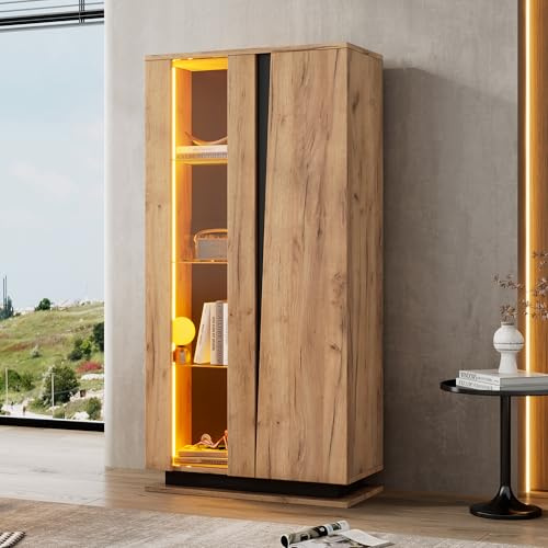 GigaXynium Vitrine mit Schubladen, Vitrine Hochglanz, Glasvitrine mit LED-Beleuchtung, Hochschrank, Highboard Mit Schrank, Standvitrine, Trennwandlagerung (Holzfarbe, 80x35x160cm)