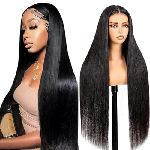Lakaisa Menschliches Haar Human Hair Wig Straight 4X1 Lace Natural Black Perücke Damen Echthaar Glueless Wear and Go Pre Plucked with Baby Hair Low Shedding for Women 32 Inch