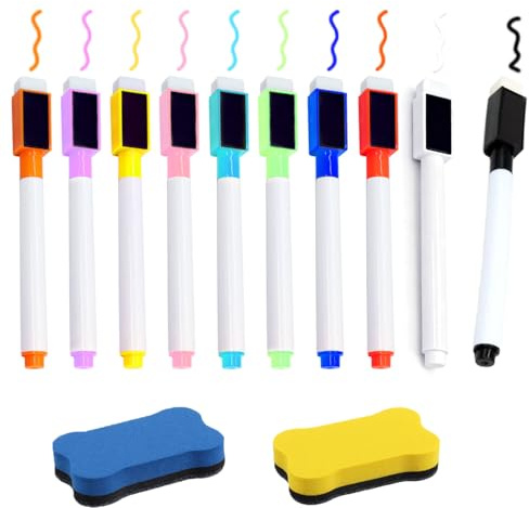 muahmuah 10 Farben Whiteboard Marker, Whiteboard Stifte abwischbar, White board markers mit Schwamm Magnetisch, Feine Spitze, trocken abwischbare, für Zuhause Schule Büro