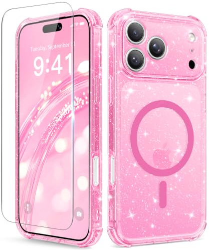 BERFY for iPhone 17 Pro Max Case for Women, Compatible with MagSafe | Clear Glitter Shockproof Protective Magnetic Cute Phone Case with Screen Protector, Anti-Yellowing, Sparkle Hot Pink