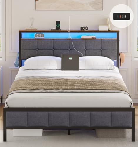 AOGLLATI Polsterbett 160x200 mit Ladestation Bett 160X200 mit LED-Beleuchtung,Bettgestell mit Lattenrost Metallbett Jugendbett mit Kopfteil aus Leinenstoff (160×200cm)