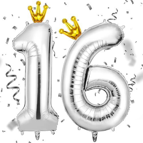 AOOSU Silber Zahl Luftballoon 16, Riesige Folienballon 16, 40 Zoll Helium Ballons Geburtstag Zahlen Luftballon Geburtstagsdeko Zahlenballon Silber Folienzahlen Ballon mit Krone, Geburtstagsparty Deko