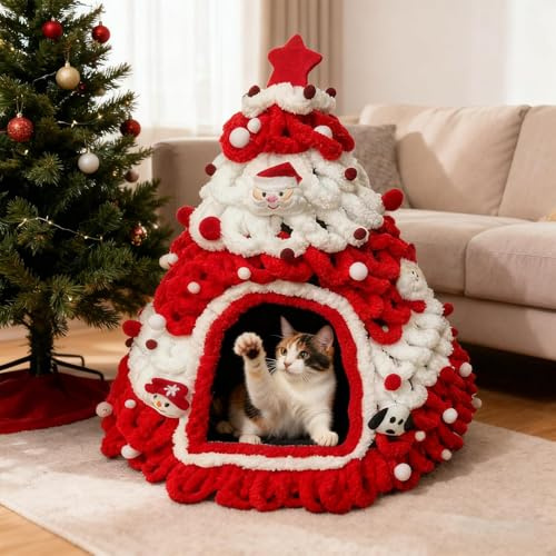 Cuccia per gatti a forma di albero di Natale, semi-chiusa, invernale, calda, a forma di albero di Natale, per gattini, piccoli animali domestici, per interni ed esterni, casa e inverno