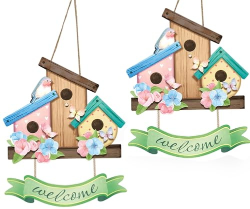 Lot de 2 panneaux de bienvenue en bois - Décoration de jardin - Printemps - Décoration de porte - Oiseau - Printemps - Décoration de porte - Décoration à suspendre