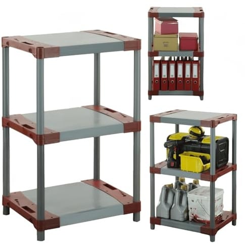 MODO24 Kunststoffregal Jupiter 98x60x46 cm, 3 Ablagen à 120 kg, Lagerregal aus Kunststoff für Keller, Garage, Vorratsraum, Werkstatt, Kellerregal, Steckregal modular, Plastikregal, Farbe: Rot