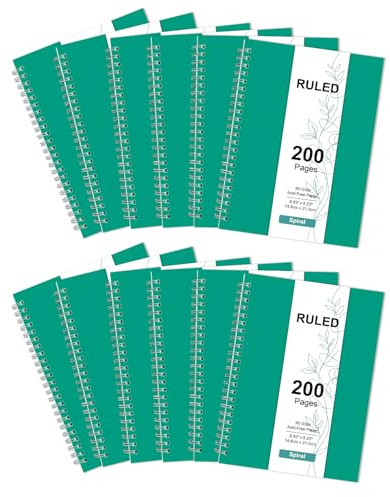 RICHER HOUSE Notizbuch A5 liniert, 80 GSM Spirale Notizblock, 12 Stück | 100 Blatt/200 Seiten Collegeblock, Hardcover Notizblock Abreißbar mit 7mm, Notebooks für Zuhause, Schule und Büro, Grün