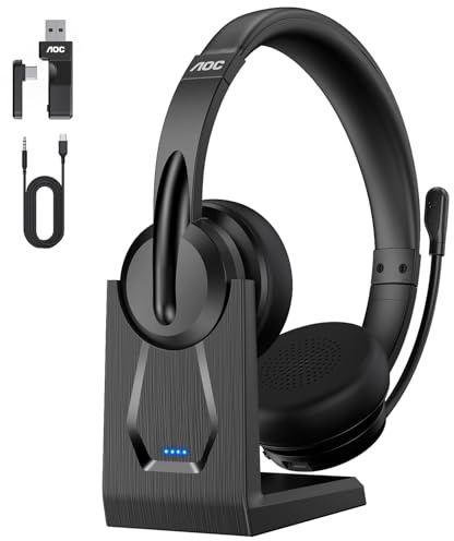 AOC Wireless Headset with Microphone for Work, V5.4 Bluetooth Headset with AI Noise Canceling Microphone, USB Dongle, Charging Dock, 40h Battery Life, Computer Headphone for Office & Zoom/Skype/Teams