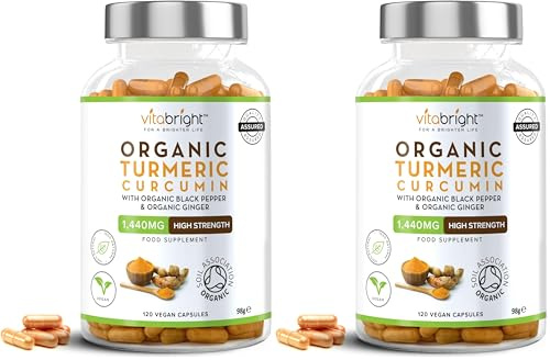 Turmeric and Black Pepper Capsules | 1440mg Dose | 120 Tablets | 2 Month Supply | 2 A Day | Herbal Supplements | High Strength Curcumin | VitaBright Organic Tumeric Supplement (Pack of 2)