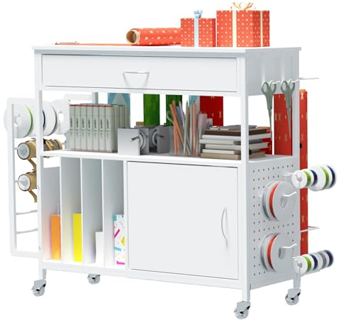 Geschenkverpackungsstation mit Höhenverstellung, rollbarer Geschenkpapierwagen mit Aufbewahrungsmöglichkeiten für Bänder und Geschenktüten, multifunktionaler Bastelwagen mit feststellbaren Rollen