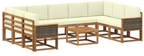 vidaXL Outdoor-Sofagarnitur 10 pcs Natur und Creme Massivholz Akazie, Akazien-Sofa-Set, modernes Outdoor-Sofa, Robustes Gartenmöbel, wetterfest, umbaubar und gemütlich