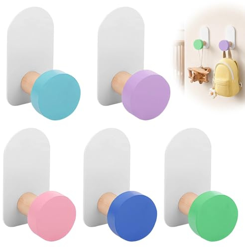 JYYWTSI Klebehaken Bunt 5 Stück Holz+Metall, 64x35mm, 2kg, Kinderzimmer | 5 bunte Klebehaken 64x35mm mit Holzgriff und Metallhaken. 2kg Tragkraft, ohne Bohren. Für Kinderzimmer, Bad, Küche.